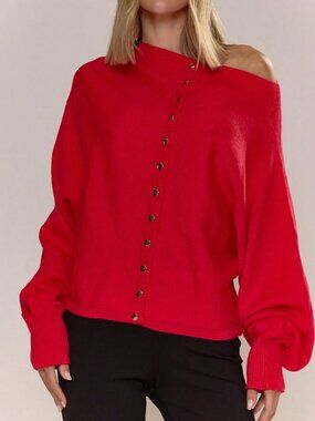Casual Red Women's Sexy Boat Neck Batwing Popper Front Cardigan